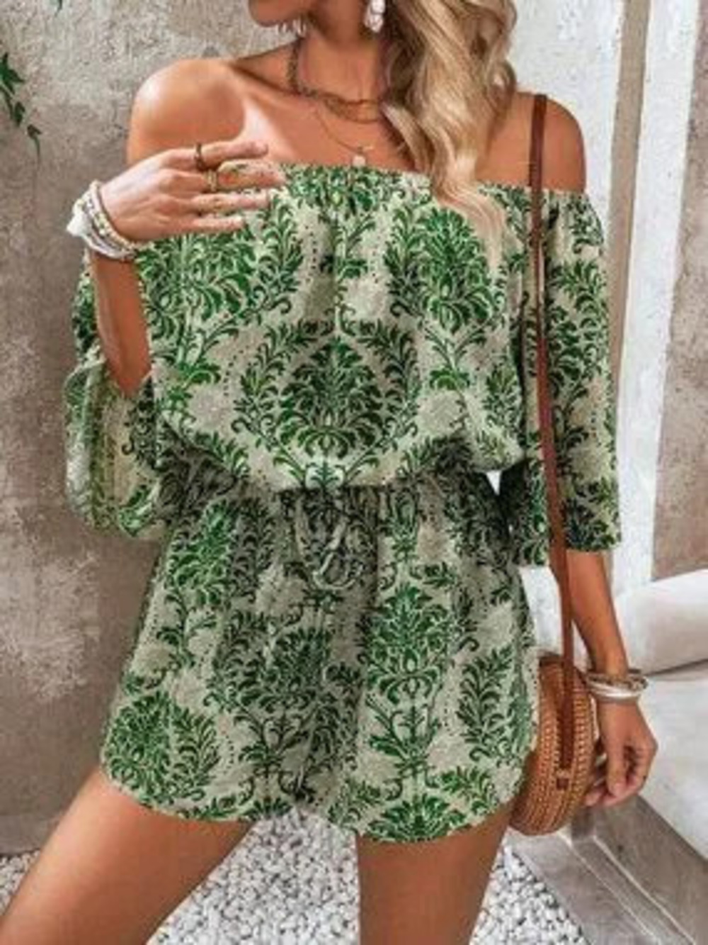 Multicolor Boho Women's Vacation Printed Off-Shoulder Bell Sleeve Jumpsuit